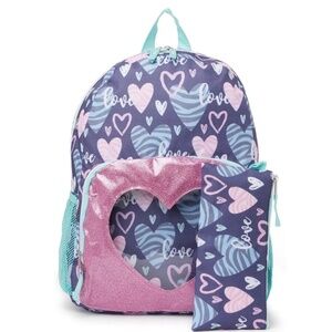 Girls Heart Love Backpack & Pencil Case - 2 Compartments w/ 2 Side Pouch